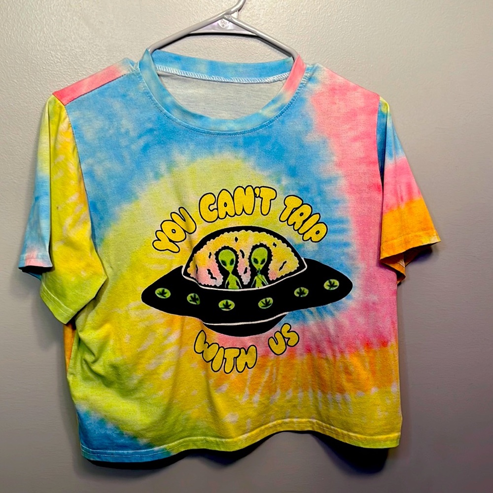 Rainbow tie-dye “You can’t trip with us” cropped t-shirt